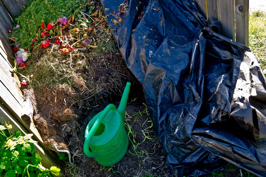 Veidojot kompostu, pārtikas atkritumi kārtīgi jāsajauc ar dārza atkritumiem